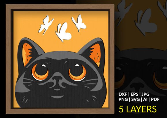 Black Cat White Butterflies Shadow Box: A 3D SVG Design with Emotional Depth