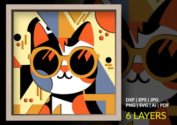 Cool Cat with Sunglasses Shadow Box: A 3D SVG Design That Elevates Brand Visuals