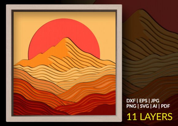Desert Mountain Sunset Shadow Box: A 3D SVG for Bold Branding and Thematic Visuals