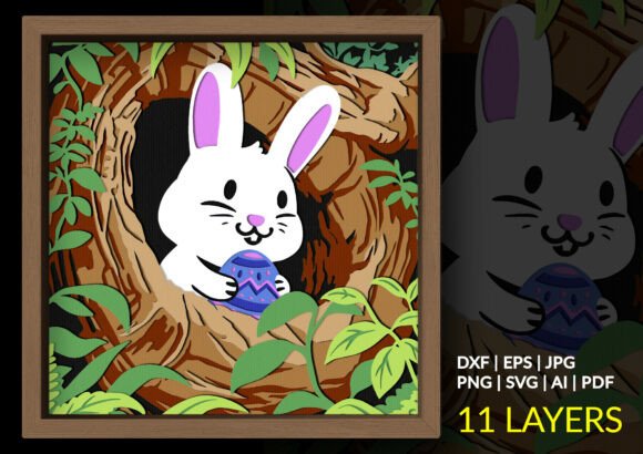 Easter Bunny in Tree Hollow Shadow Box: A 3D SVG for Whimsical Branding