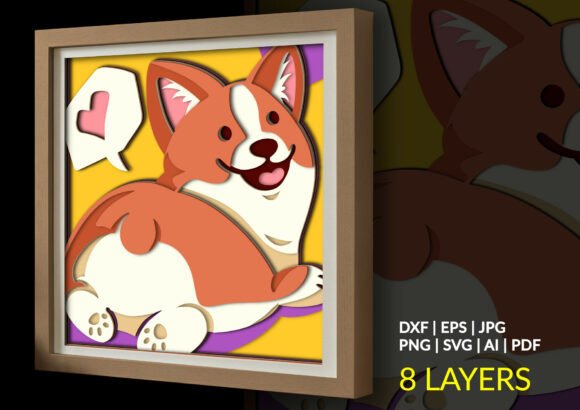Happy Corgi Pet Dog Layered Shadow Box: 3D SVG Charm for Modern Branding