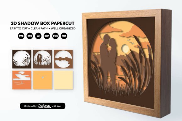 Romantic Couple Sunset Shadow Box 3D SVG for Crafters & Etsy Sellers
