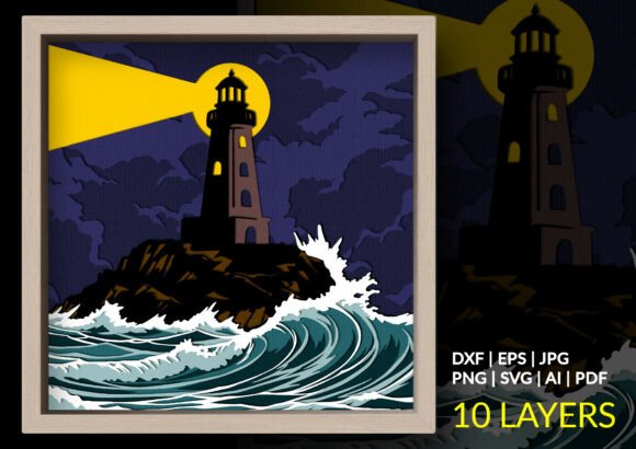 Stormy Lighthouse Shadow Box: A 3D SVG with Visual Depth for Coastal-Themed Design Projects